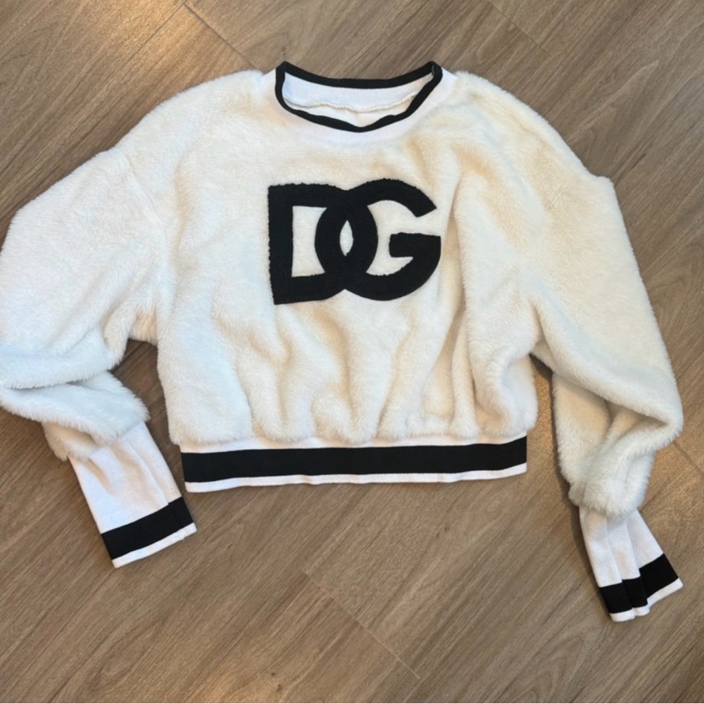 White Fuzzy Sweater with Black Logo